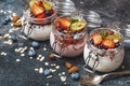 Yogurt with granola, fresh berries and nuts in a jar on a dark background. Healthy breakfast and dessert concept Royalty Free Stock Photo