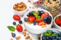 Greek yogurt granola with fresh berries on white table. Royalty Free Stock Photo