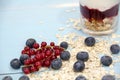 Yogurt with granola and fresh blueberries glass bowl over old wood background. Vintage effect.