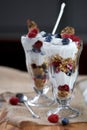 Yogurt, Granola and Fruit in Parfait Glasses and Spoon