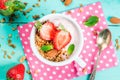 Yogurt with granola, nuts and fresh strawberry Royalty Free Stock Photo