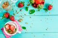 Yogurt with granola, nuts and fresh strawberry Royalty Free Stock Photo