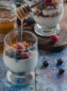 Yogurt with granola and raspberries black chorynitsa and honey Royalty Free Stock Photo