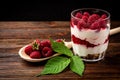 Yogurt with granola, raspberry and raspberry jam on dark wooden background Royalty Free Stock Photo