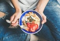 Yogurt, granola, seeds, fresh, dry fruits and honey in bowl Royalty Free Stock Photo