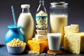 Yogurt in large glass cheese and dairy product on gray blue table