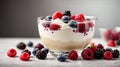 Yogurt with mixed berries in glass bowl isolated on white background Royalty Free Stock Photo
