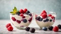 Yogurt with mixed berries in glass bowl isolated on white background Royalty Free Stock Photo
