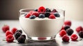 Yogurt with mixed berries in glass bowl isolated on white background Royalty Free Stock Photo