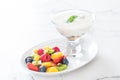 yogurt with mixed fruit (strawberry, blueberries, raspberry, kiwi, mango Royalty Free Stock Photo