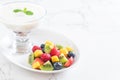 yogurt with mixed fruit (strawberry, blueberries, raspberry, kiwi, mango Royalty Free Stock Photo