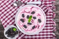 Yogurt with mulberry and mint on plate Royalty Free Stock Photo