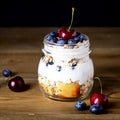 Yogurt with Oatmeal Fruits and Berry Healthy Diet Breakfast Rustic Dark Photo Wooden Background Square