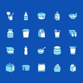 Yogurt packaging flat glyph icons. Dairy products - milk bottle, cream, kefir, cheese illustrations. Signs for food