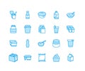 Yogurt packaging flat line icons. Dairy products - milk bottle, cream, kefir, cheese illustrations. Thin blue signs for