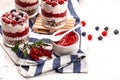Yogurt parfafait with granola and berries. Sweet and healhty breakfast dessert, Yogurt, blueberries and raspberries