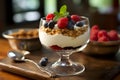 A yogurt parfait, adorned with layers of granola and fresh berries
