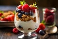 A yogurt parfait with a creamy yogurt, crunchy granola and fresh berries