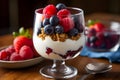 A yogurt parfait with creamy yogurt, golden granola and fresh berries