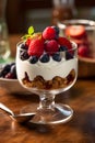 A yogurt parfait with creamy yogurt, granola and a variety of fresh berries
