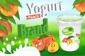 Yogurt peach ads with splashing and packaging container. 3d vector realistic illustration Royalty Free Stock Photo