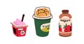 Yogurt set. Dairy products in packs, fruit yoghurt drink in bottle, protein snack with crunchy flakes in cup box
