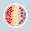 Yogurt smoothie bowl with banana, strawberries, blueberries and oats, isolated. Top view. Vector hand drawn illustration.