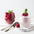 Yogurt smoothie with raspberries, fruit dessert, healthy dieting concept Natural detox. Royalty Free Stock Photo