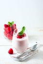 Yogurt smoothie with raspberries, fruit dessert, healthy dieting concept Natural detox. Royalty Free Stock Photo