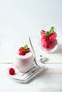 Yogurt smoothie with raspberries, fruit dessert, healthy dieting concept Natural detox. Royalty Free Stock Photo