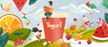 Yogurt with summer fruits memories drink on green meadow, flowers and fruits and berries, childrens milky yohurt drink