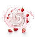 Yogurt swirls gracefully float with isolated strawberries on a serene background, Ai Generated