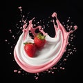 Yogurt swirls gracefully float with isolated strawberries on a serene background, Ai Generated