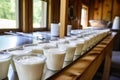 Yogurts and sour cream from home farm production in glass jars. Milk products. Home production of fermented milk products. Fresh