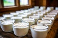 Yogurts and sour cream from home farm production in glass jars. Milk products. Home production of fermented milk products. Fresh