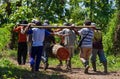 Yogyakarta, Indonesia - April 19, 2021: Traditional wood transport from the forest in Indonesia, illegal logging illustration