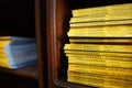 National Geographic magazines pile on a wooden shelf Royalty Free Stock Photo