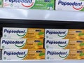 Yogyakarta, Indonesia - August 1st, 2022. A row of Pepsodent Siwak & x28;toothpaste& x29; that is sold at supermarket.