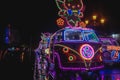 Yogyakarta, Indonesia - December 31, 2018: People ride neon cars