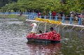 Yogyakarta, Indonesia - February 1, 2022: A duck boat floating over a river in Yogyakarta, Indonesia, family vacation time