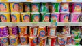 Yogyakarta, Indonesia - May 17, 2023, Various choice of instant noodles display on shelf store