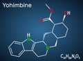 Yohimbine, yohimbe , quebrachine molecule. It is aphrodisiac, plant alkaloid. Structural chemical formula on the dark blue backgro