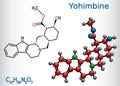 Yohimbine, yohimbe , quebrachine molecule. It is aphrodisiac, plant alkaloid. Structural chemical formula and molecule model