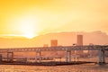 Yohokama bridge closed up under the bridge on the river, for modern architecture and suspension bridge building industrial at Royalty Free Stock Photo