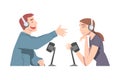 Yoing Man and Woman Recording Podcast, Radio Host Interviewing Guest in Studio on Air, Podcasting Cartoon Style Vector Royalty Free Stock Photo