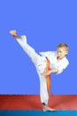 Yoko-geri in performing small boy karate Royalty Free Stock Photo