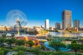 Yokohama harbor skyline with ferris wheel, japan Royalty Free Stock Photo