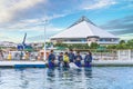 Young people interacting with a Beluga whale at Hakkeijima Sea Paradise. Royalty Free Stock Photo