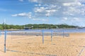 Sand court of Beach volleyball divided by a net at Uminokoen city park in Yokohama.