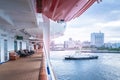 Side balcony of Diamond princess cruise ship with the view of Yokohama port in background